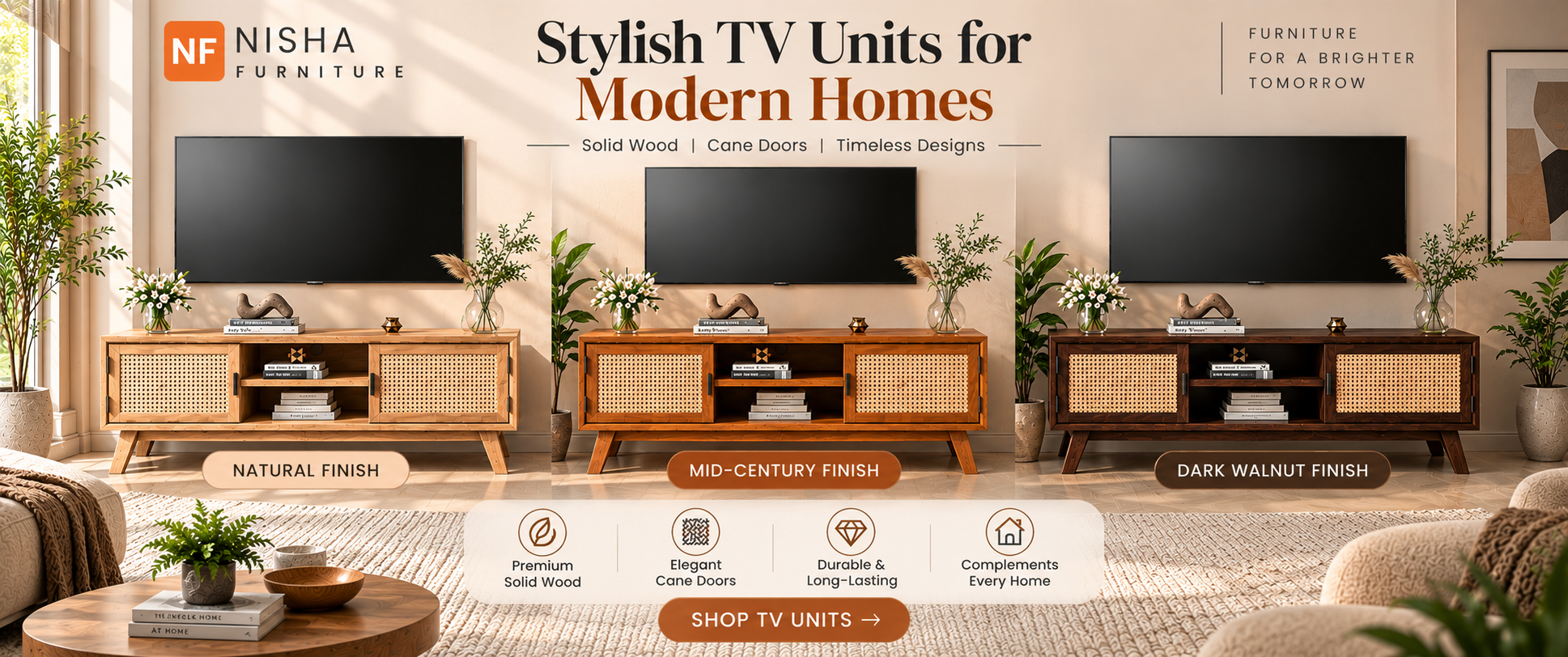 Looking for a TV unit that fits your living room's style? Discover Nisha Furniture's solid wood cane door TV units in Natural, Dark Walnut, and Mid-Century finishes.