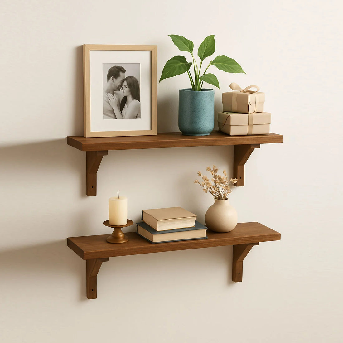 Modern Lightweight Wooden Floating Wall Shelf Set – 2 Tier Decorative Storage Shelves