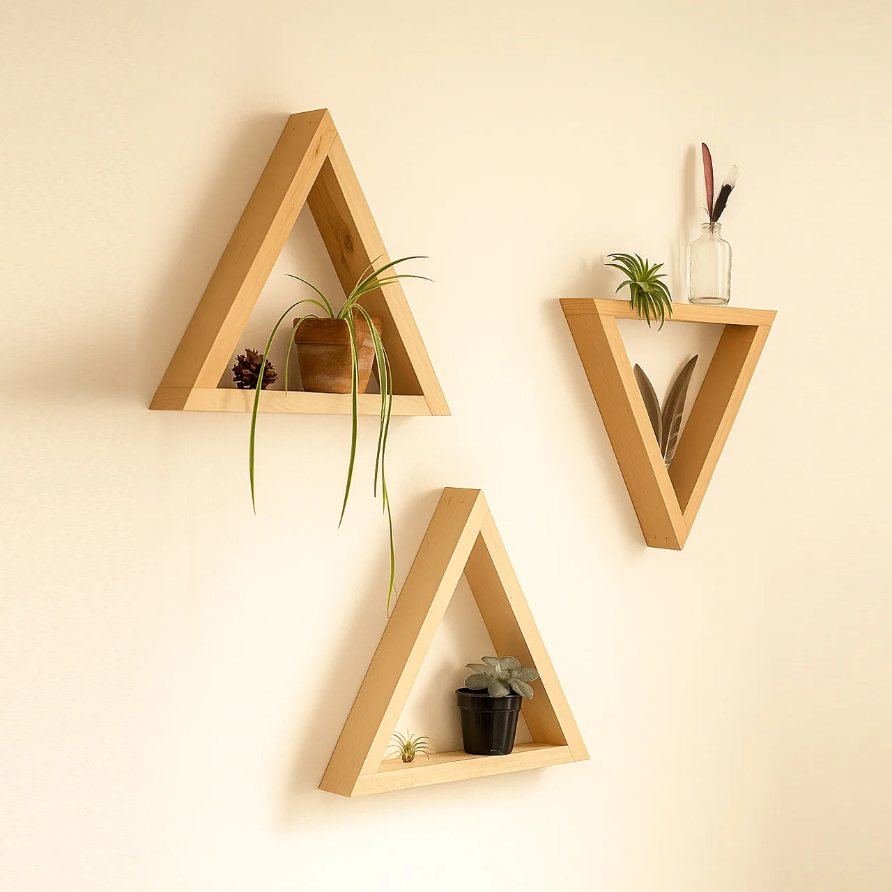 Modern Lightweight Wooden Triangle Wall Shelf Set of  2, 3, 4 – Geometric Floating Display Shelves