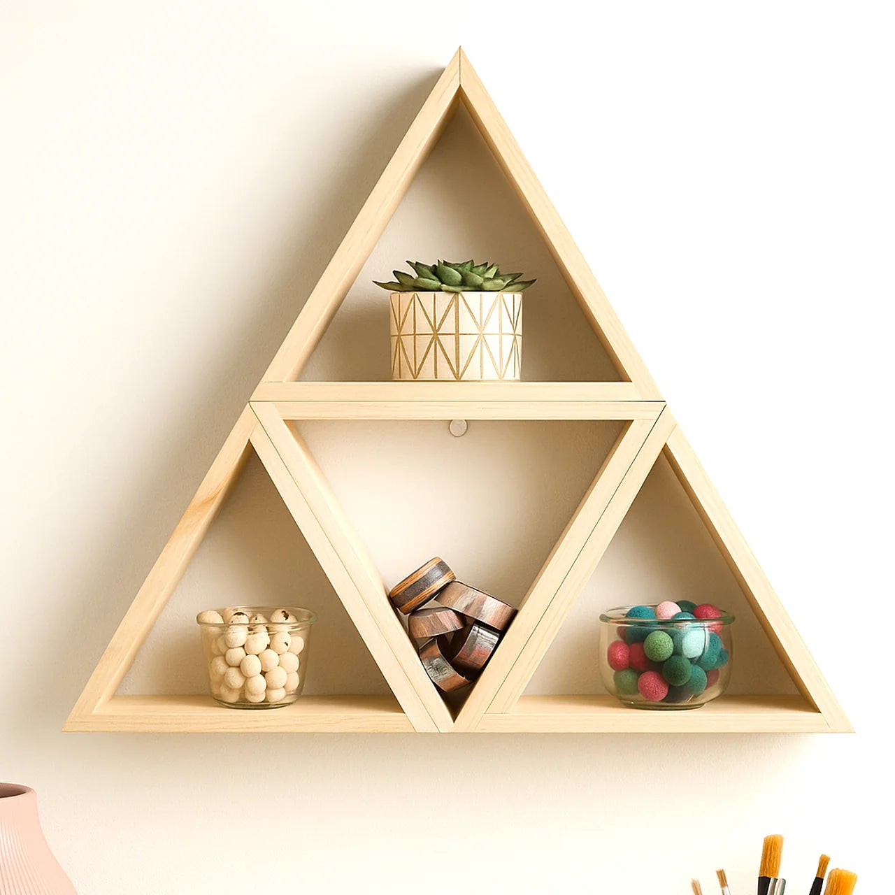Modern Lightweight Wooden Triangle Wall Shelf Set of  2, 3, 4 – Geometric Floating Display Shelves
