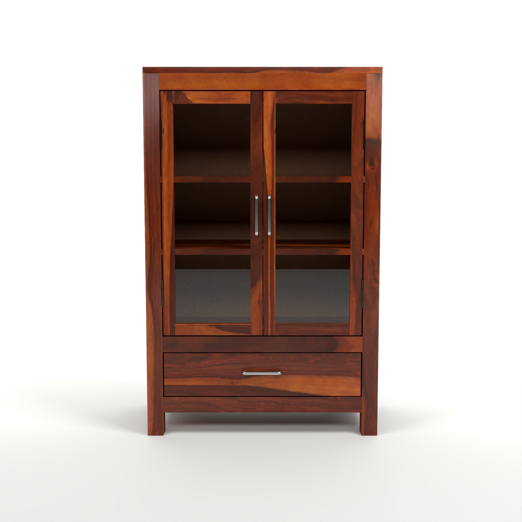 Solid Sheesham Wood Glass Door Bookcase with Drawer – Natural Finish