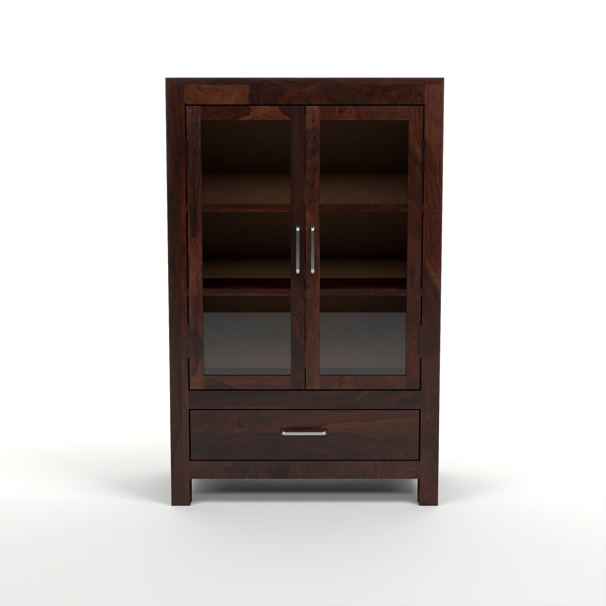 Solid Sheesham Wood Glass Door Bookcase with Drawer – Walnut Finish