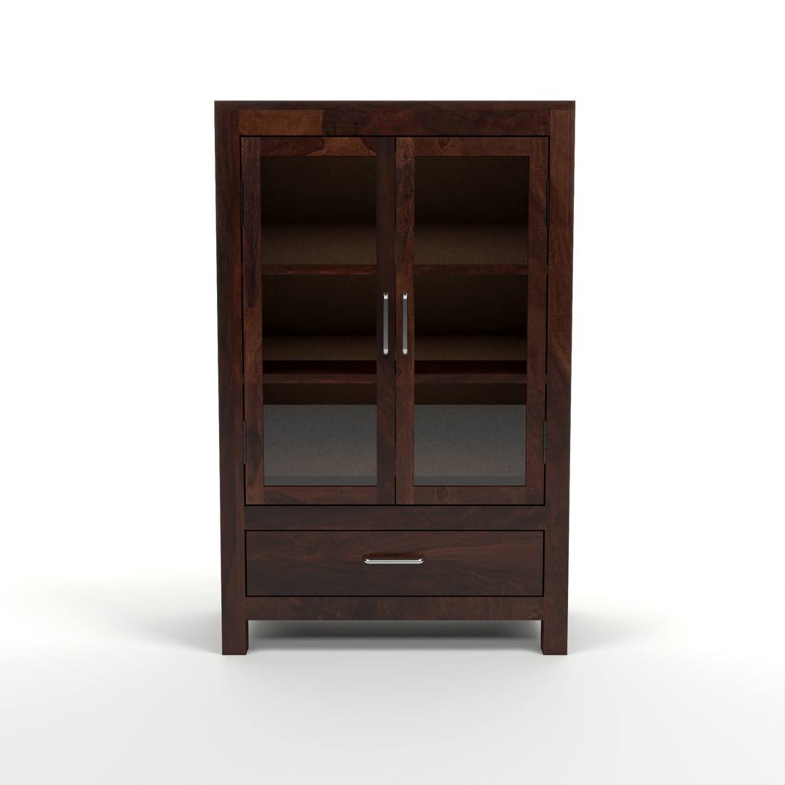 Solid Sheesham Wood Glass Door Bookcase with Drawer – Walnut Finish