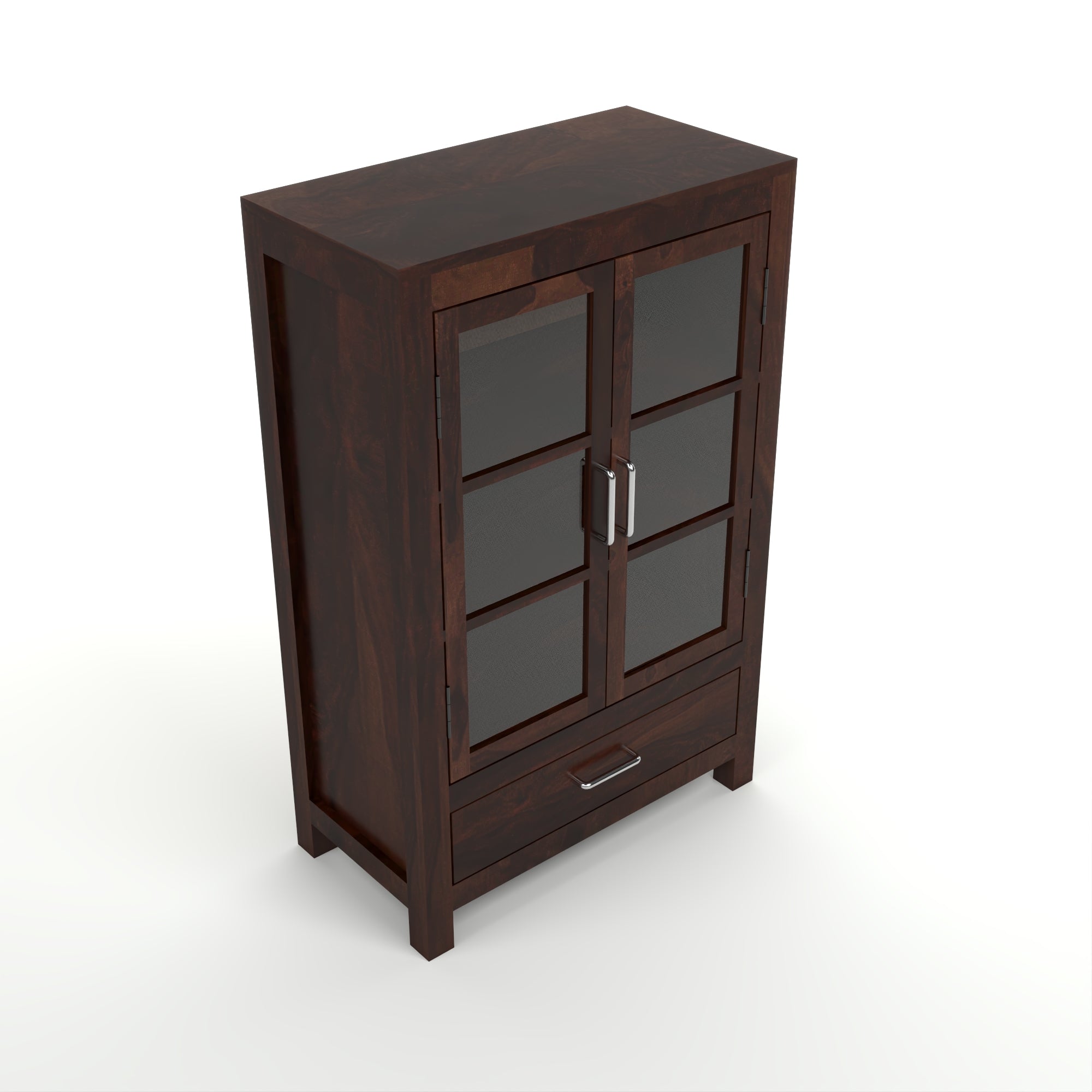 Solid Sheesham Wood Glass Door Bookcase with Drawer – Walnut Finish