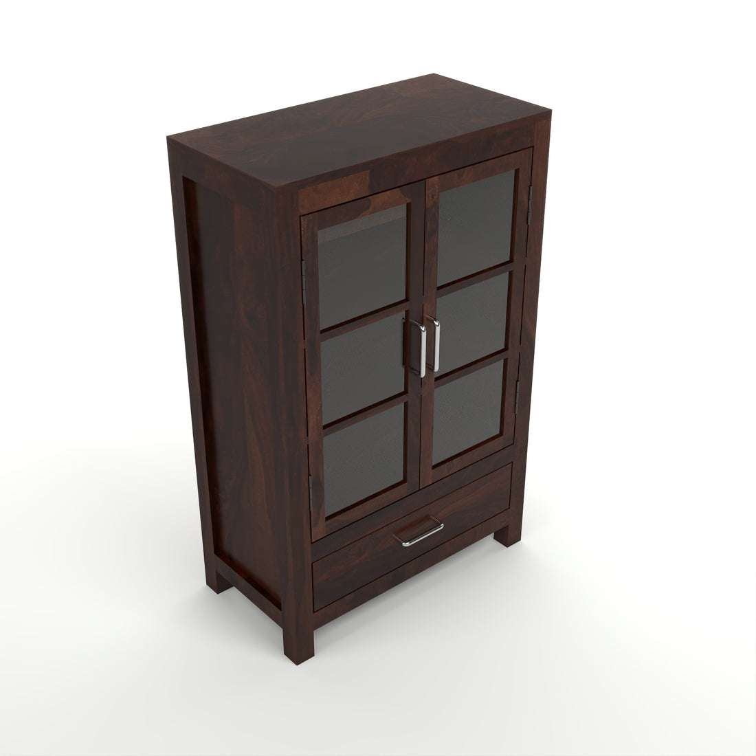 Solid Sheesham Wood Glass Door Bookcase with Drawer – Walnut Finish