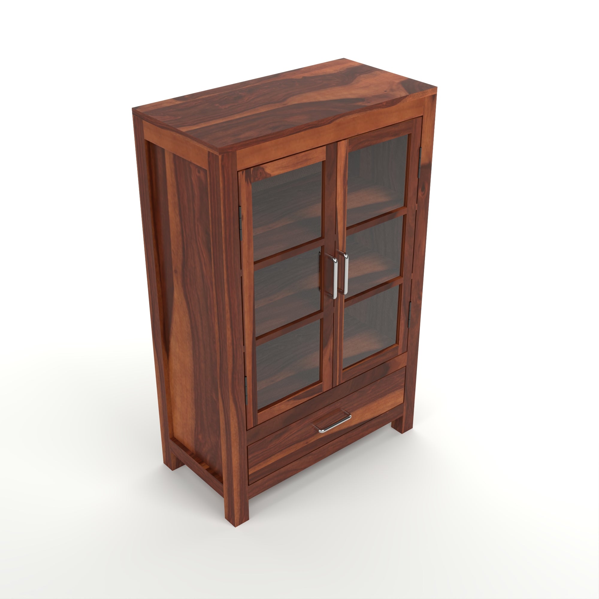 Solid Sheesham Wood Glass Door Bookcase with Drawer – Natural Finish