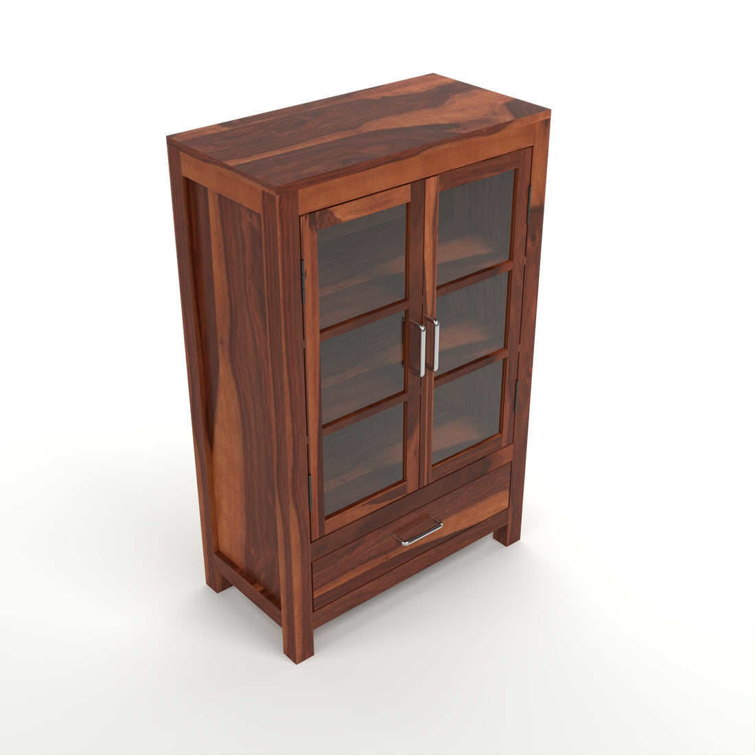 Solid Sheesham Wood Glass Door Bookcase with Drawer – Natural Finish