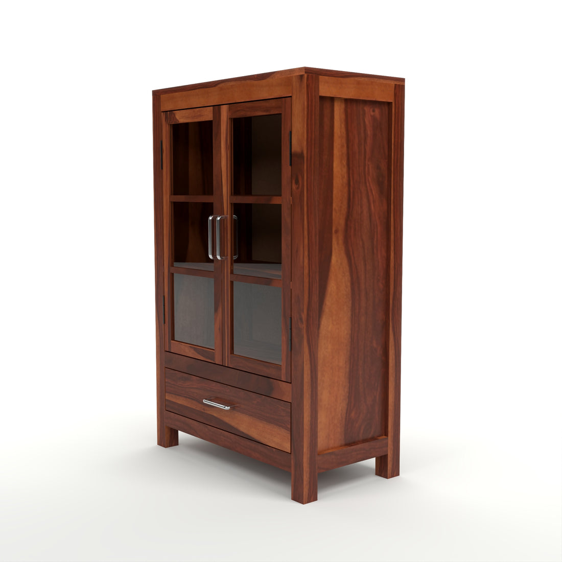 Solid Sheesham Wood Glass Door Bookcase with Drawer – Natural Finish