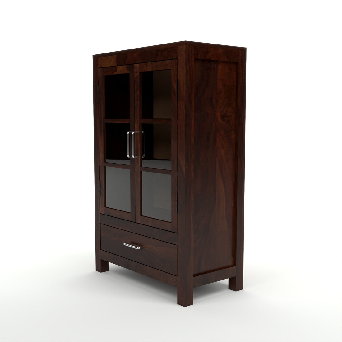 Solid Sheesham Wood Glass Door Bookcase with Drawer – Walnut Finish