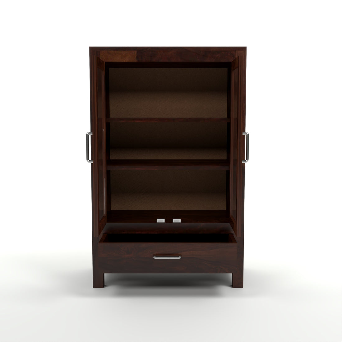 Solid Sheesham Wood Glass Door Bookcase with Drawer – Walnut Finish