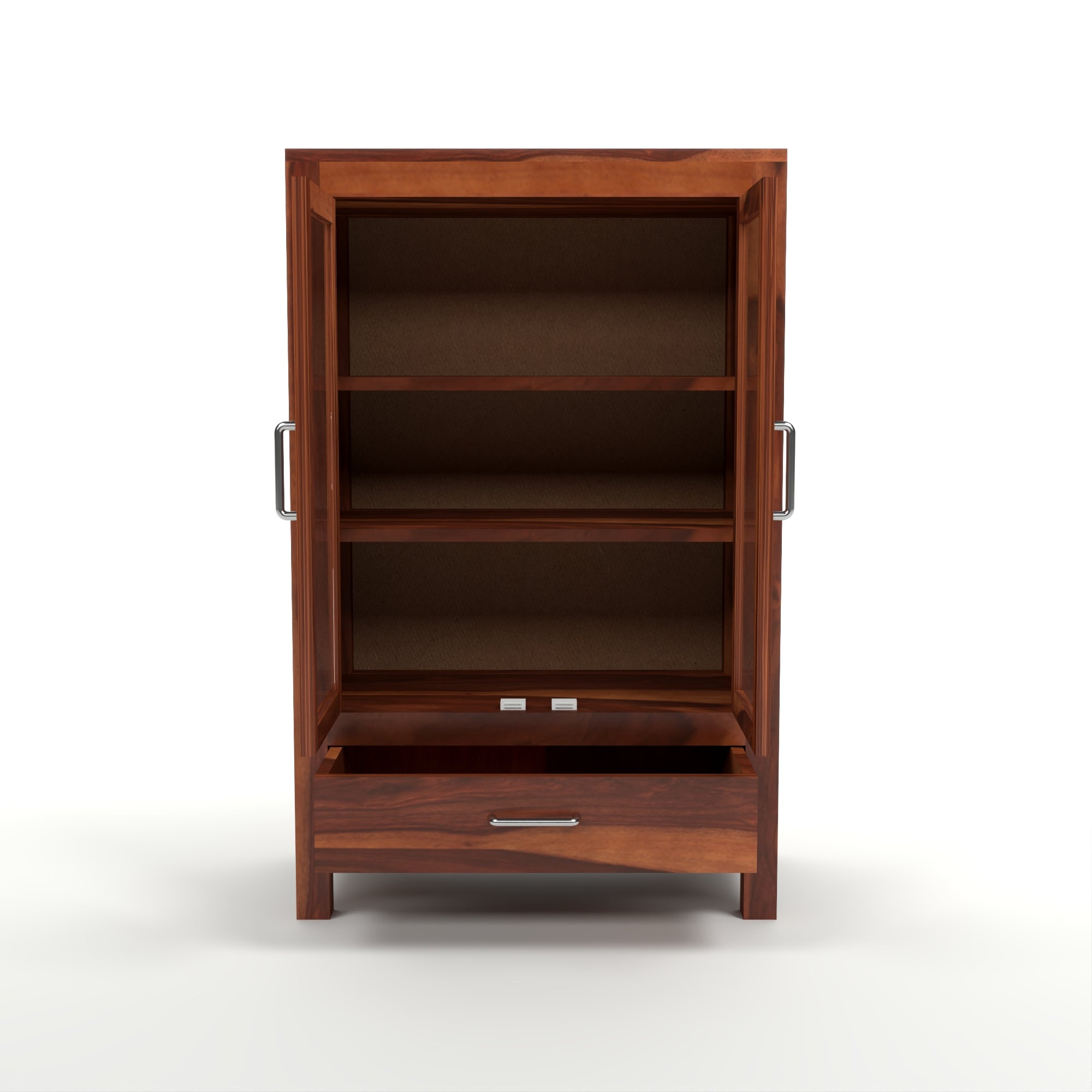 Solid Sheesham Wood Glass Door Bookcase with Drawer – Natural Finish