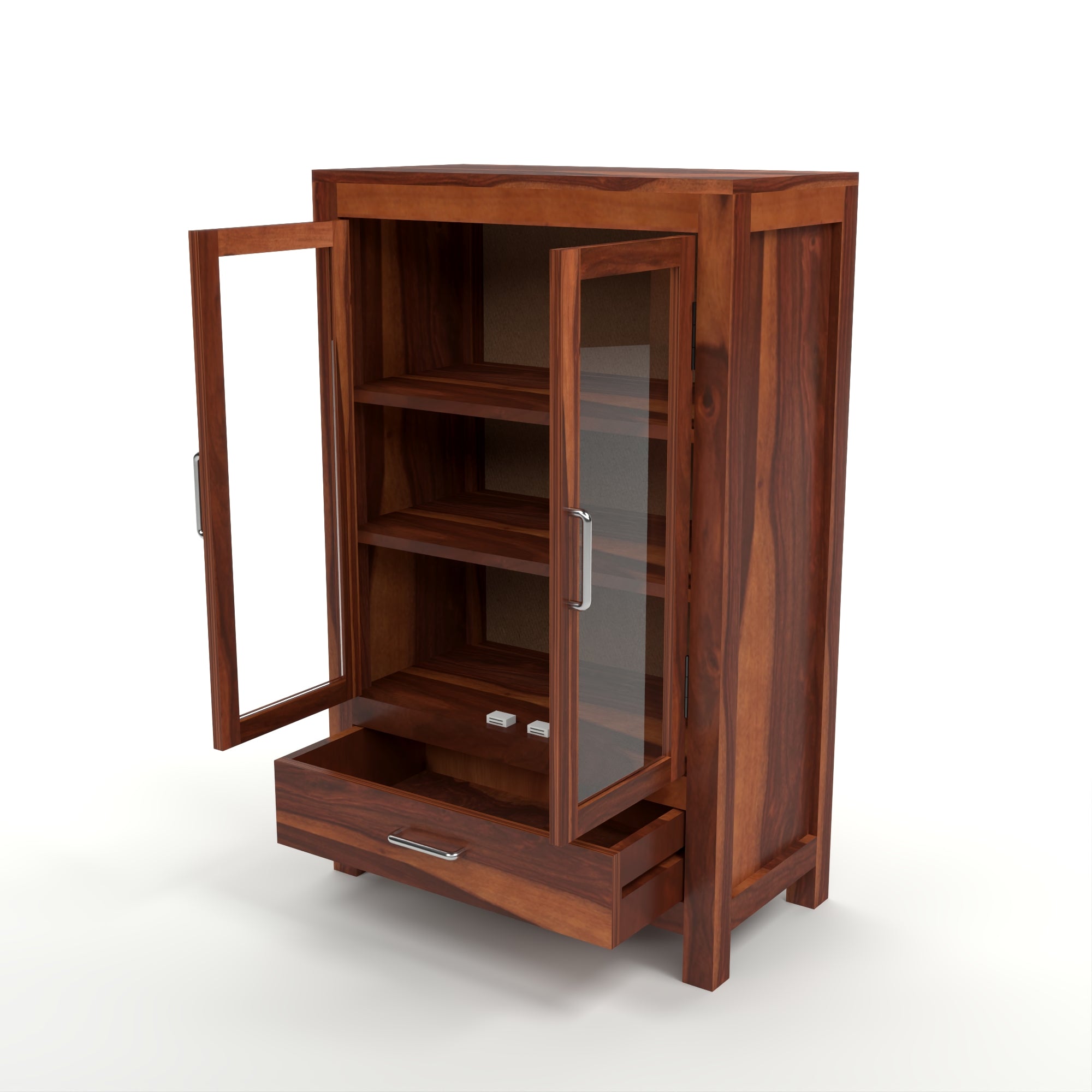 Solid Sheesham Wood Glass Door Bookcase with Drawer – Natural Finish