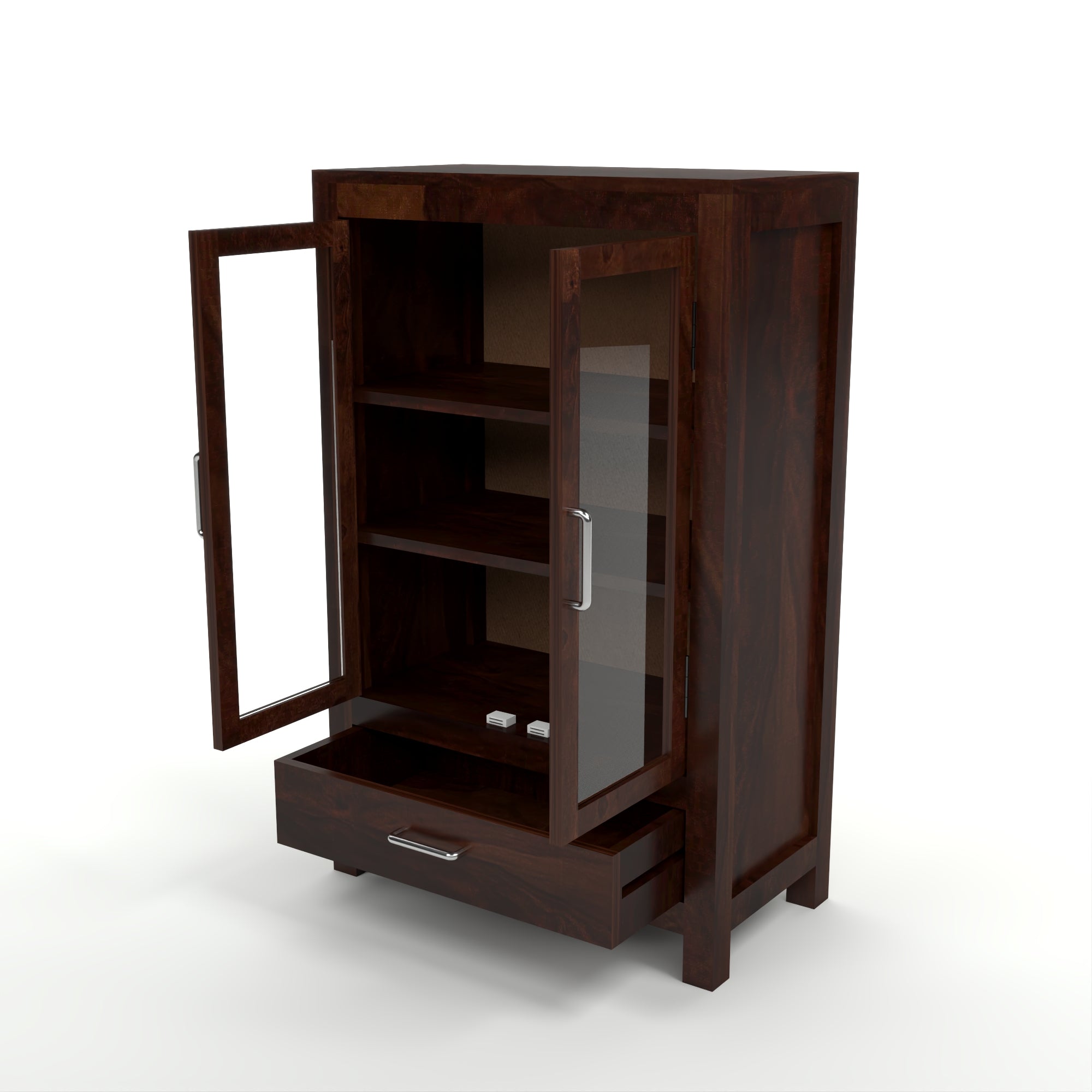 Solid Sheesham Wood Glass Door Bookcase with Drawer – Walnut Finish