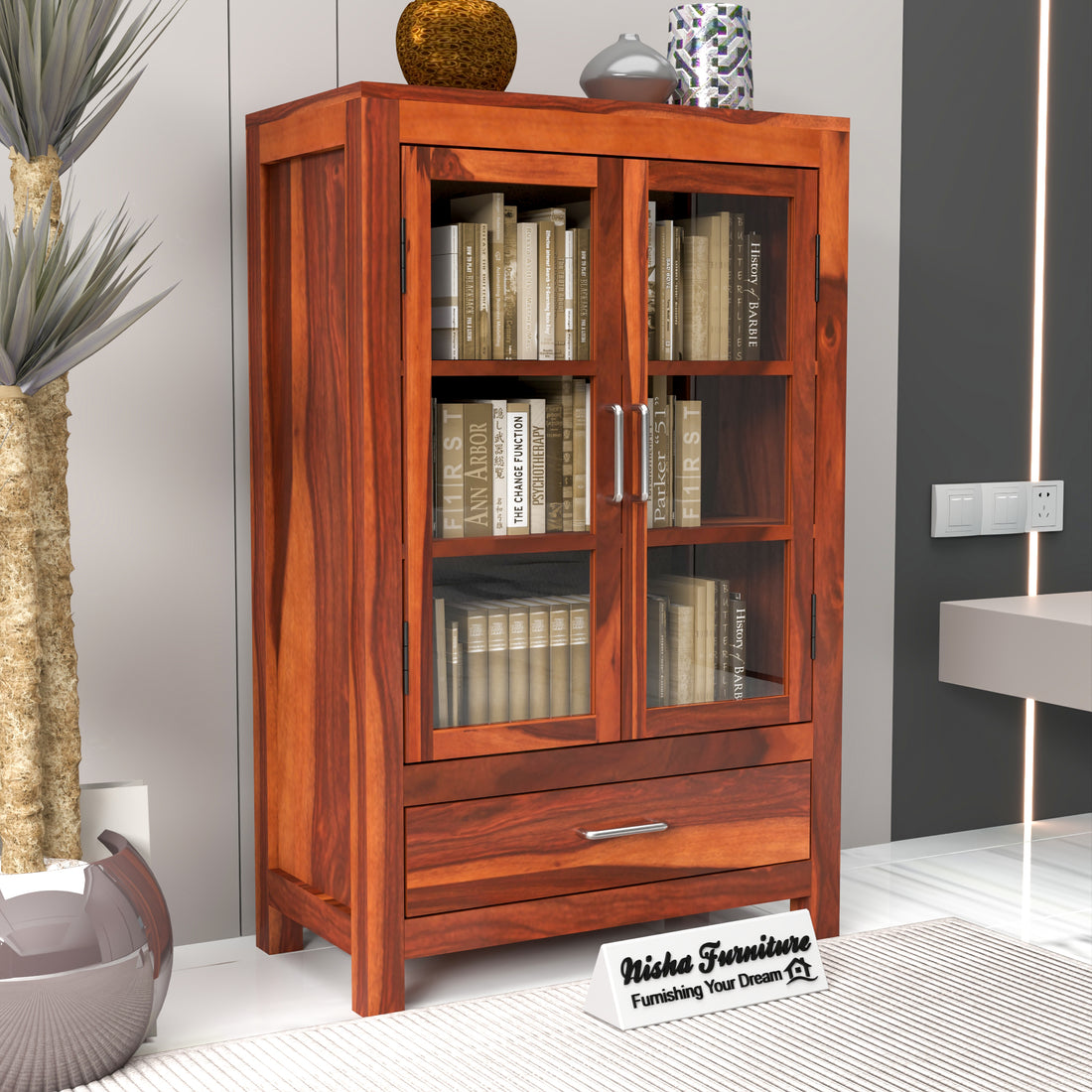 Solid Sheesham Wood Glass Door Bookcase with Drawer – Natural Finish
