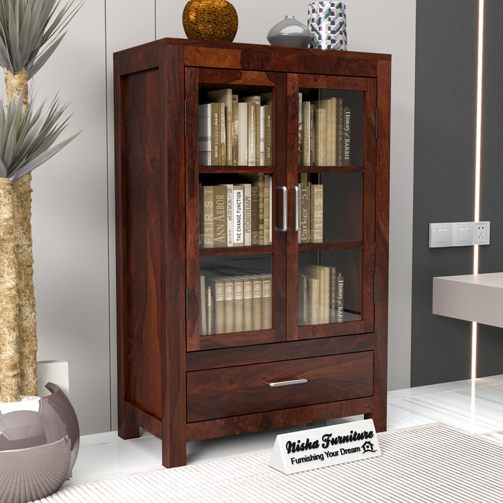 Solid Sheesham Wood Glass Door Bookcase with Drawer – Walnut Finish