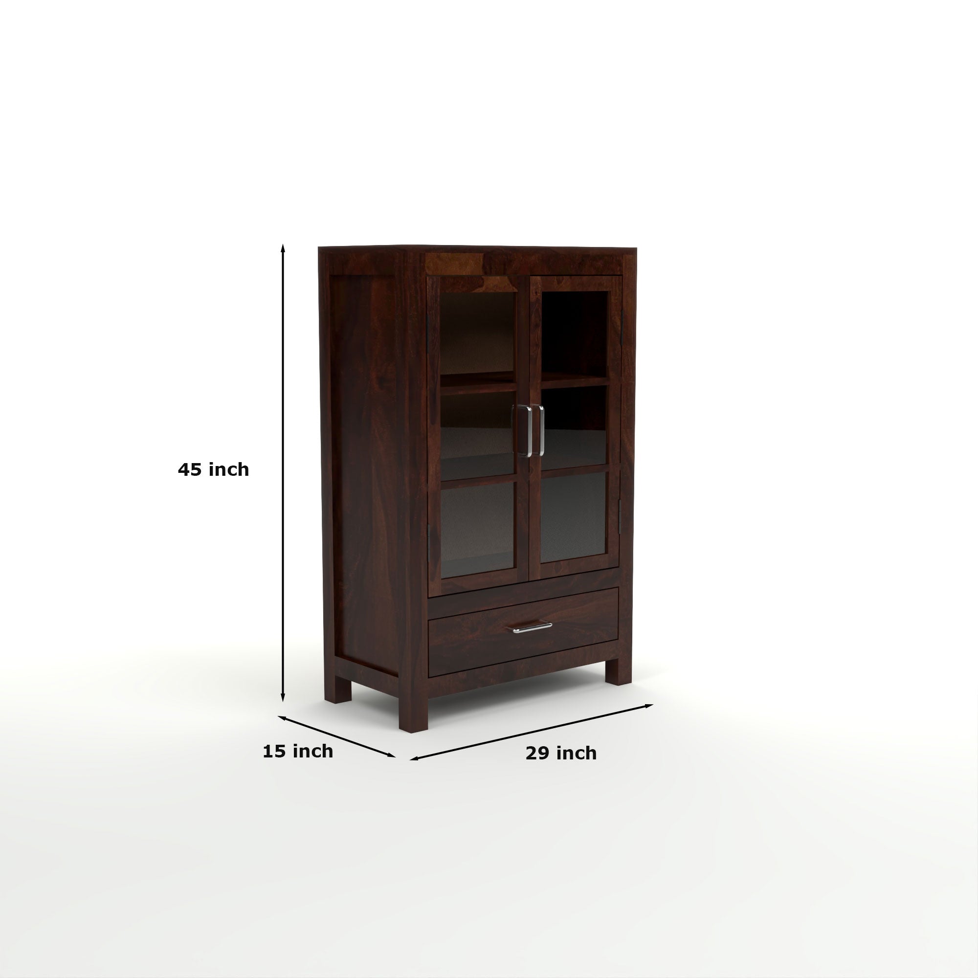 Solid Sheesham Wood Glass Door Bookcase with Drawer – Walnut Finish