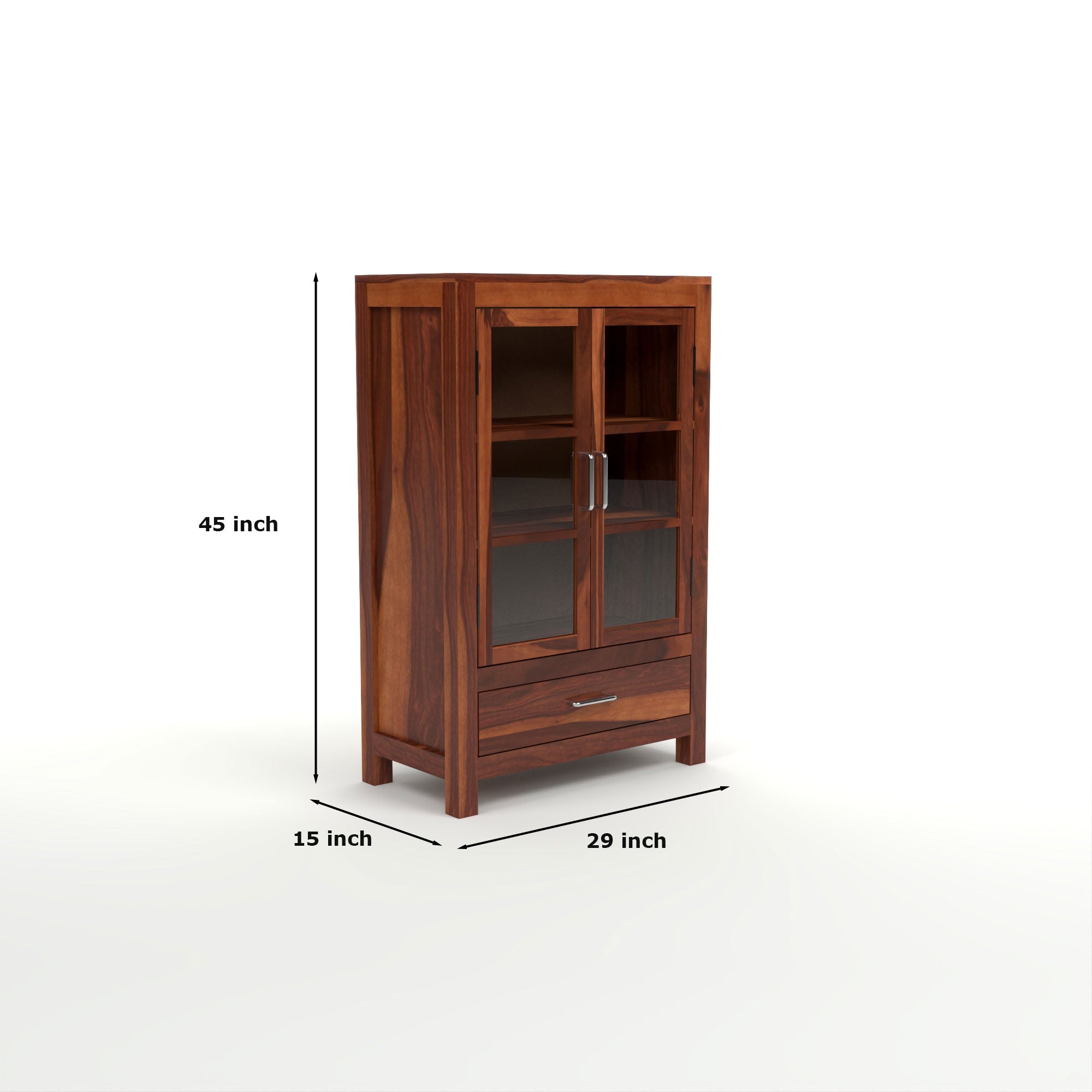 Solid Sheesham Wood Glass Door Bookcase with Drawer – Natural Finish