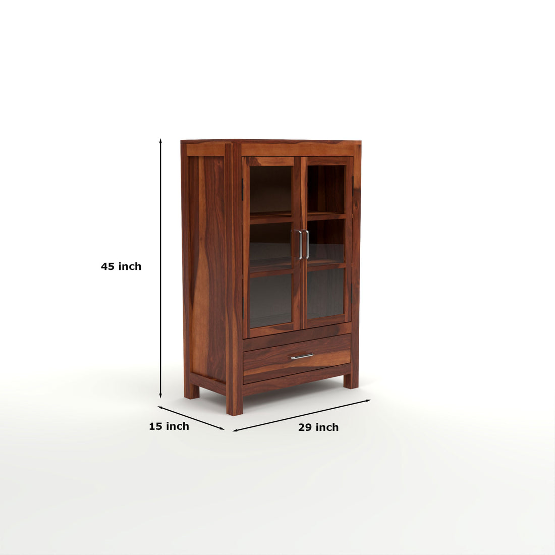 Solid Sheesham Wood Glass Door Bookcase with Drawer – Natural Finish
