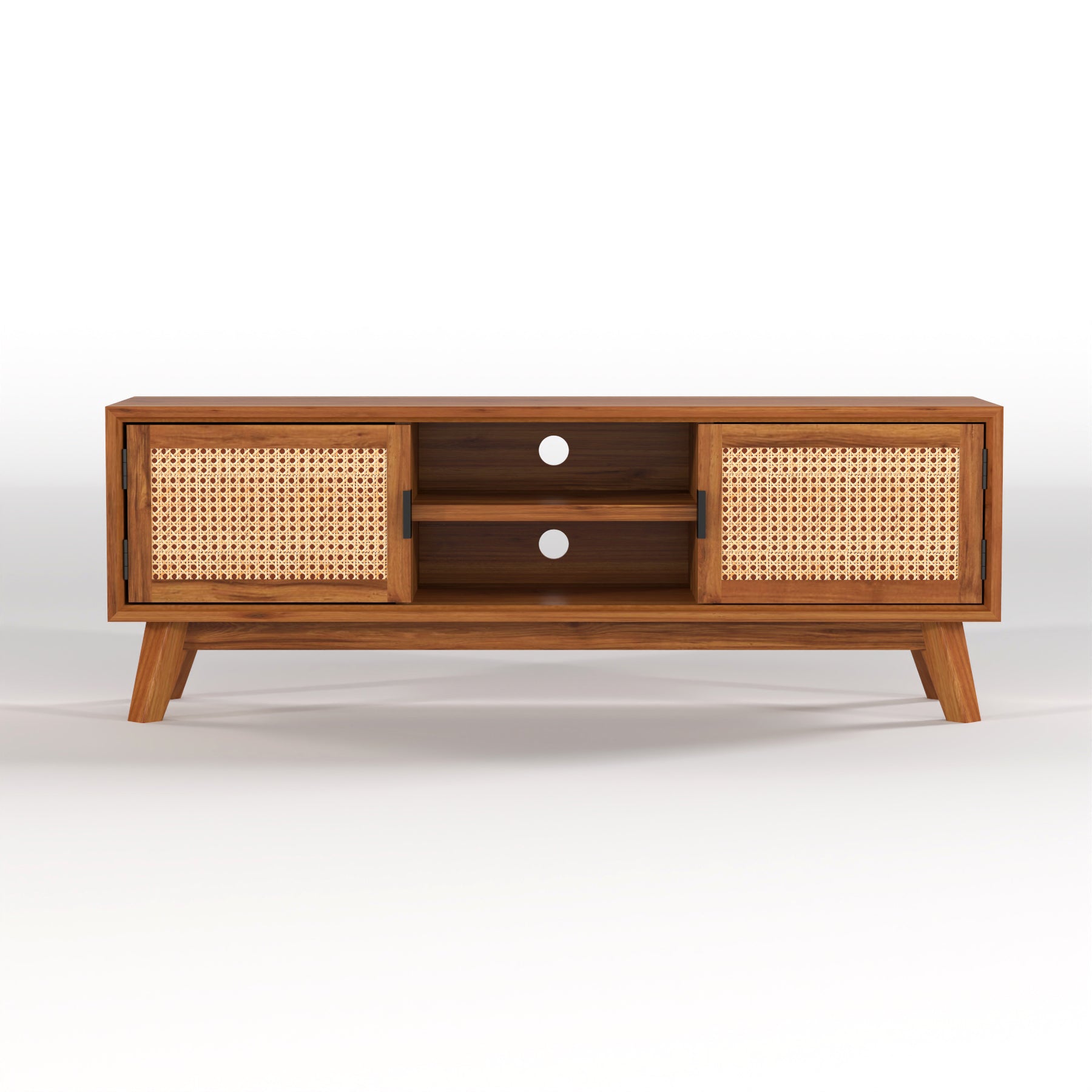 Mid-Century Cane Door Wooden TV Unit with Storage Cabinet | Decore
