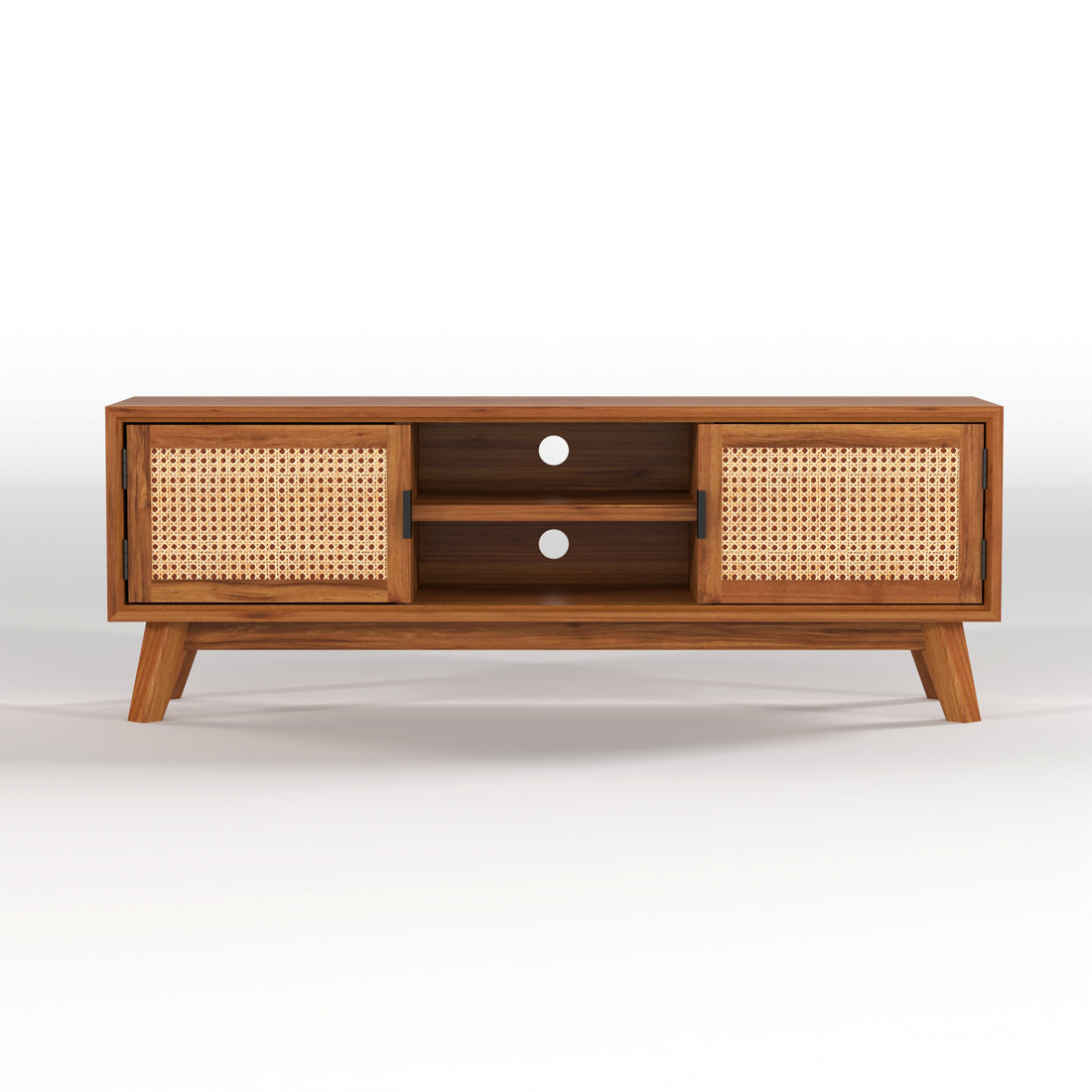 Mid-Century Cane Door Wooden TV Unit with Storage Cabinet | Decore