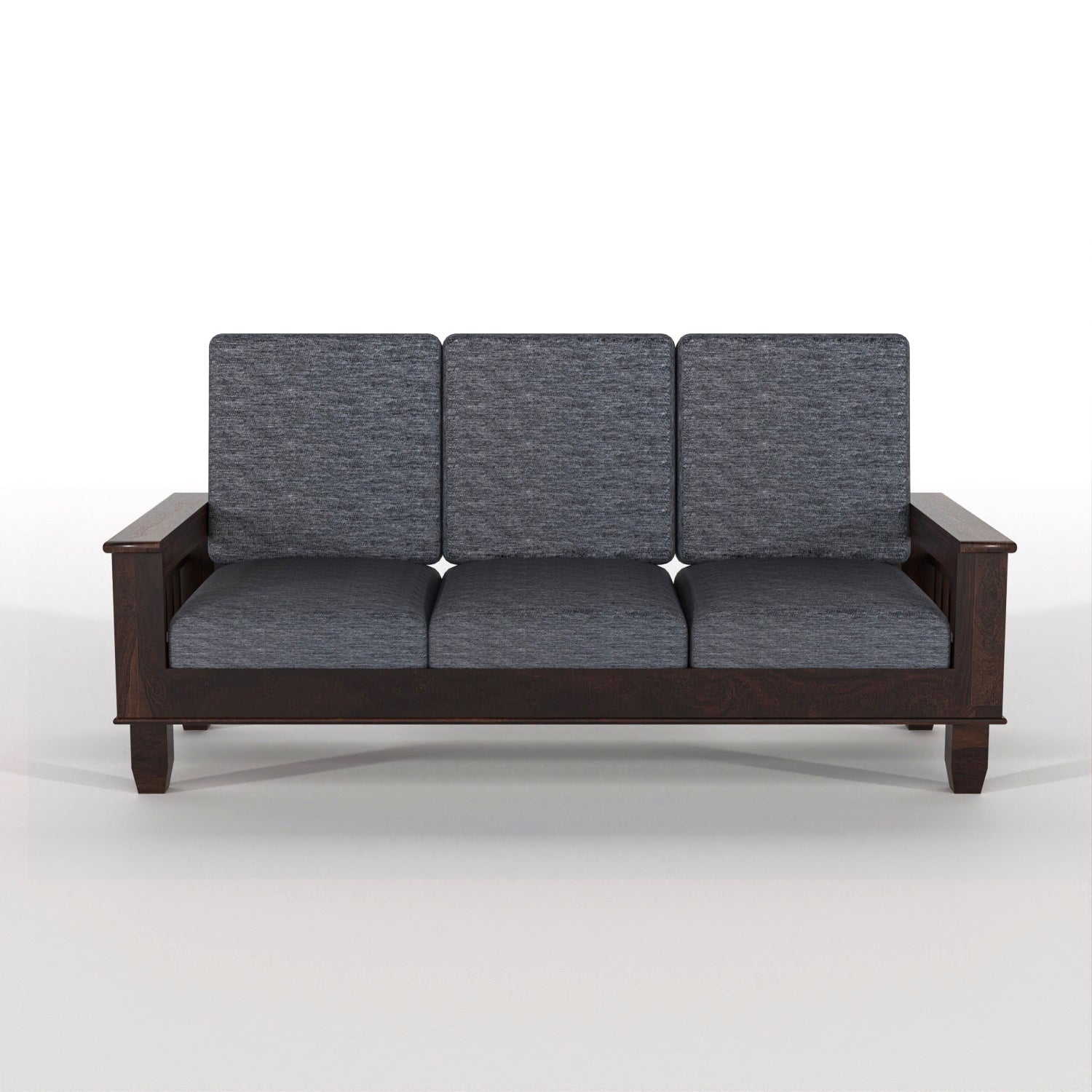 Solid Sheesham Wood 3 Seater Sofa with Grey Upholstery, Wooden Armrests and Side Storage Shelves
