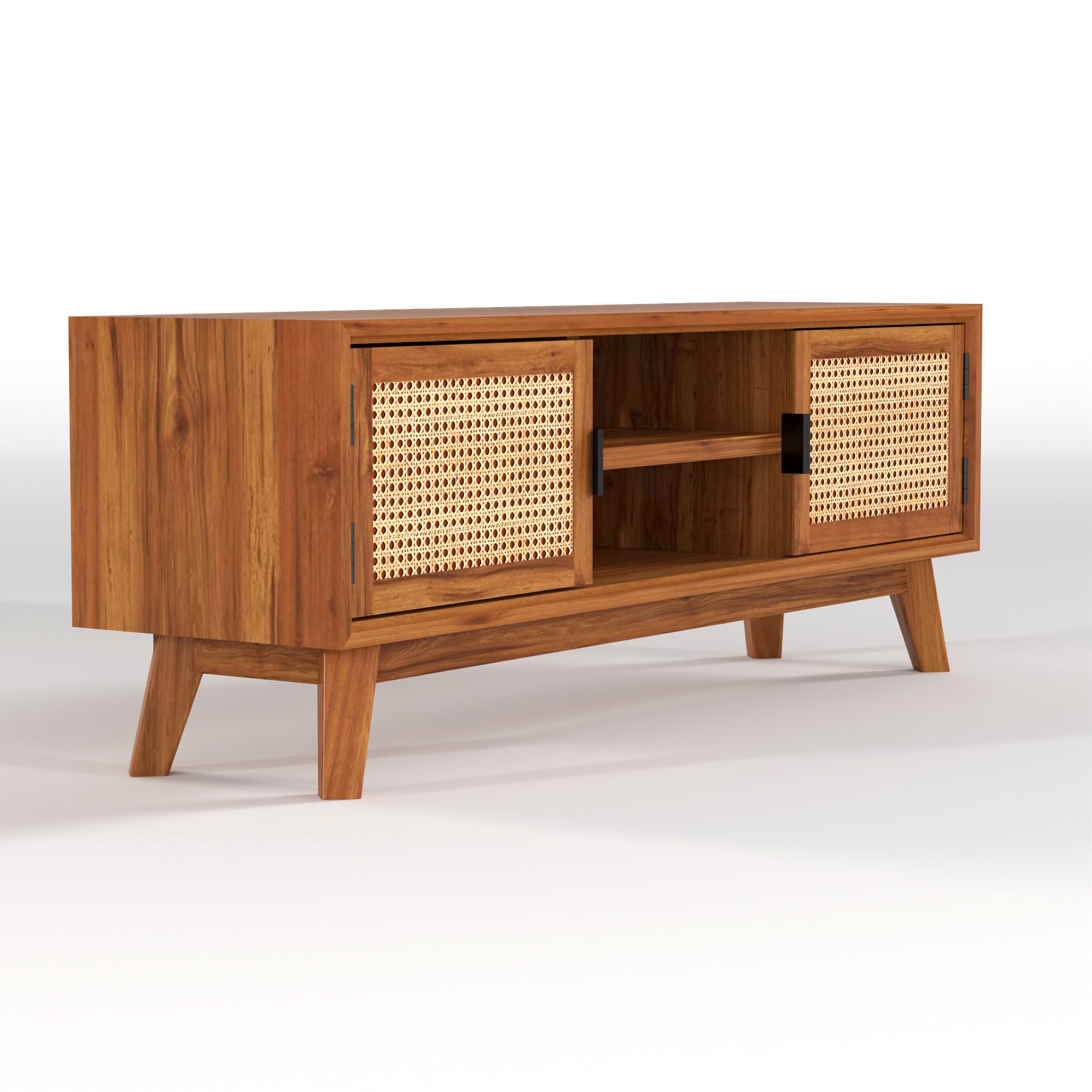 Mid-Century Cane Door Wooden TV Unit with Storage Cabinet | Decore