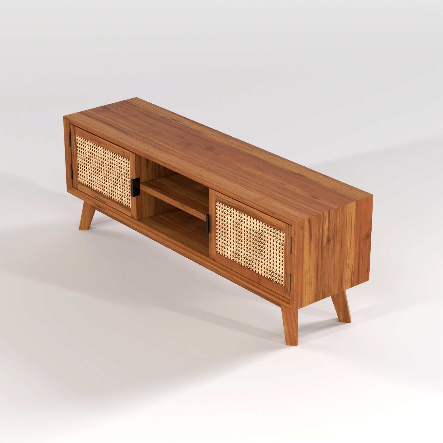 Mid-Century Cane Door Wooden TV Unit with Storage Cabinet | Decore