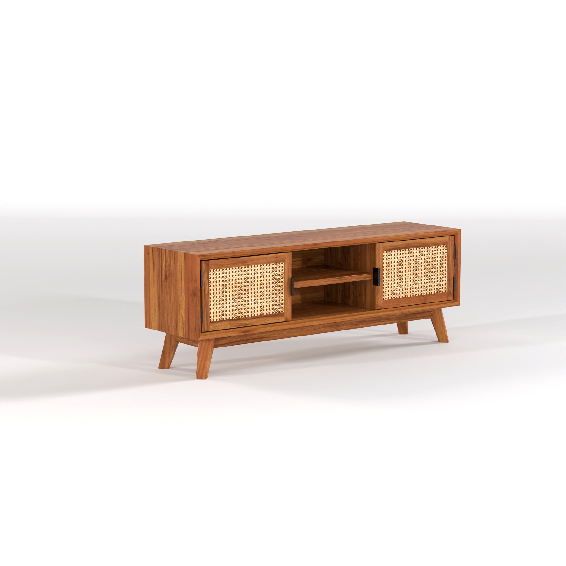 Mid-Century Cane Door Wooden TV Unit with Storage Cabinet | Decore