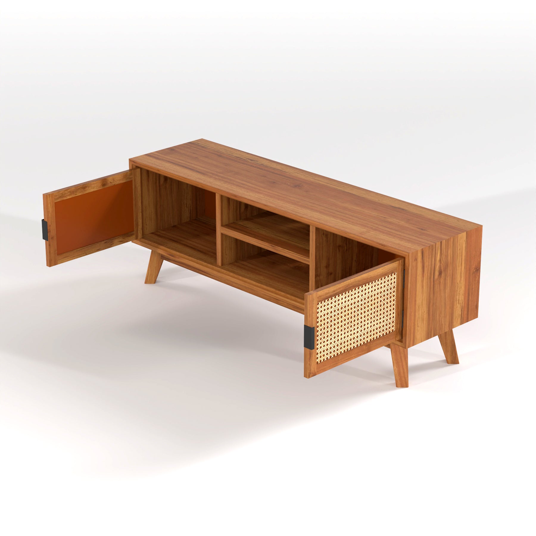 Mid-Century Cane Door Wooden TV Unit with Storage Cabinet | Decore