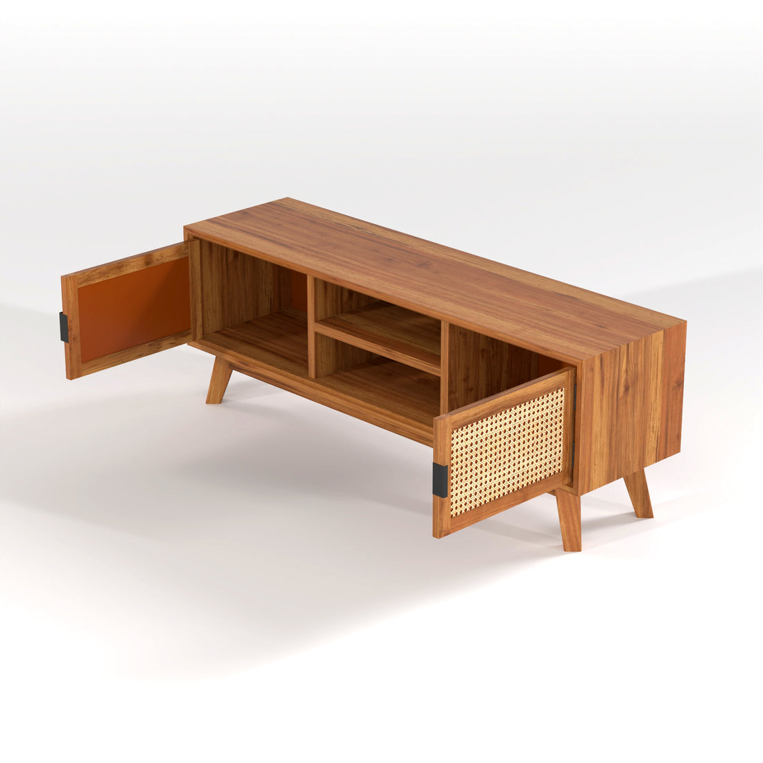 Mid-Century Cane Door Wooden TV Unit with Storage Cabinet | Decore