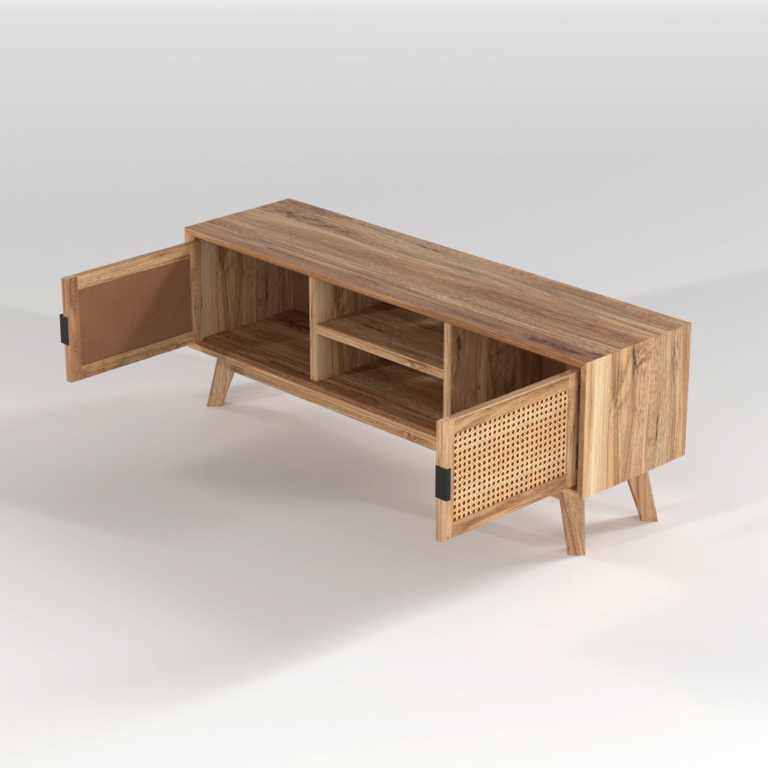 Natural Wood Cane Door TV Unit with Open Shelves & Storage