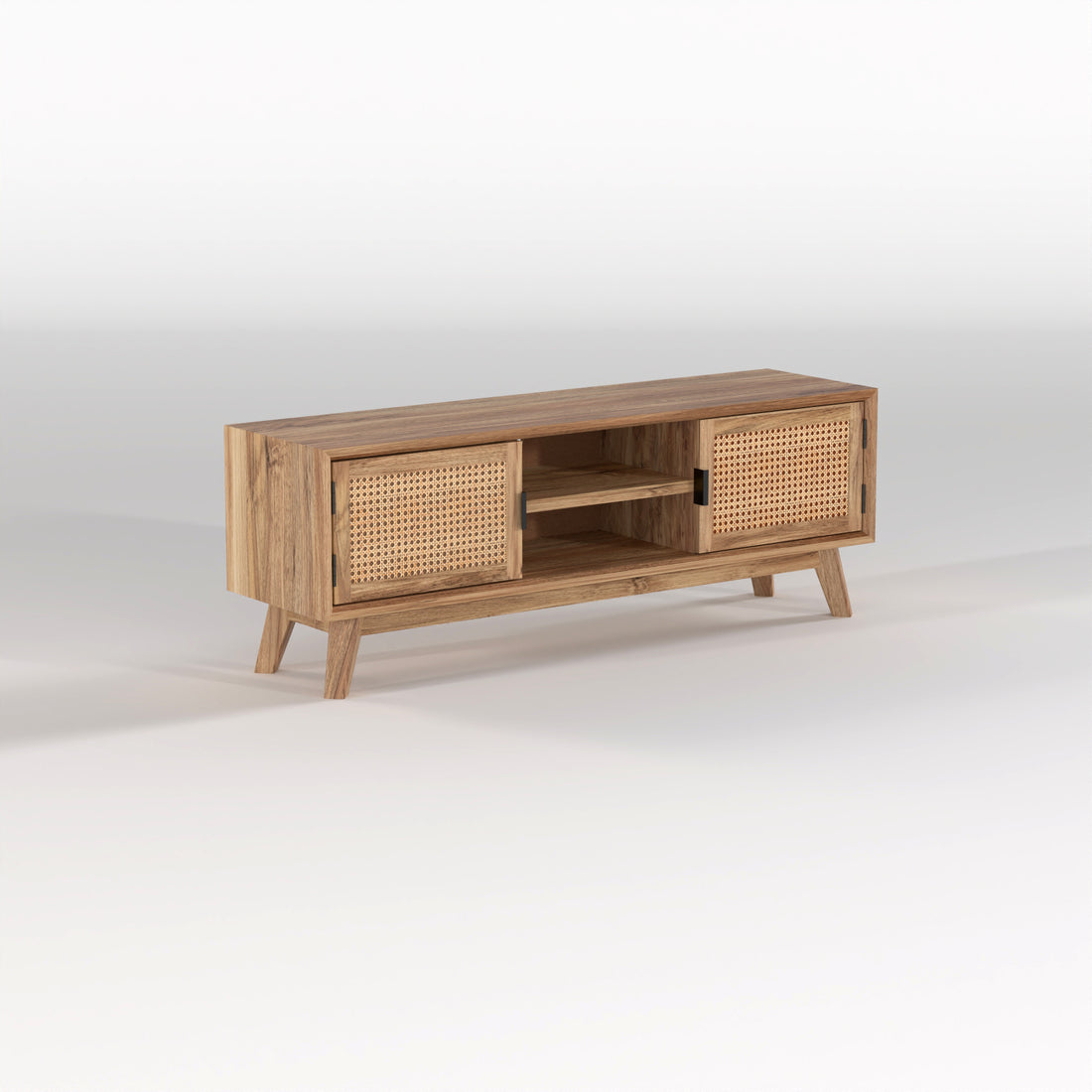 Natural Wood Cane Door TV Unit with Open Shelves & Storage