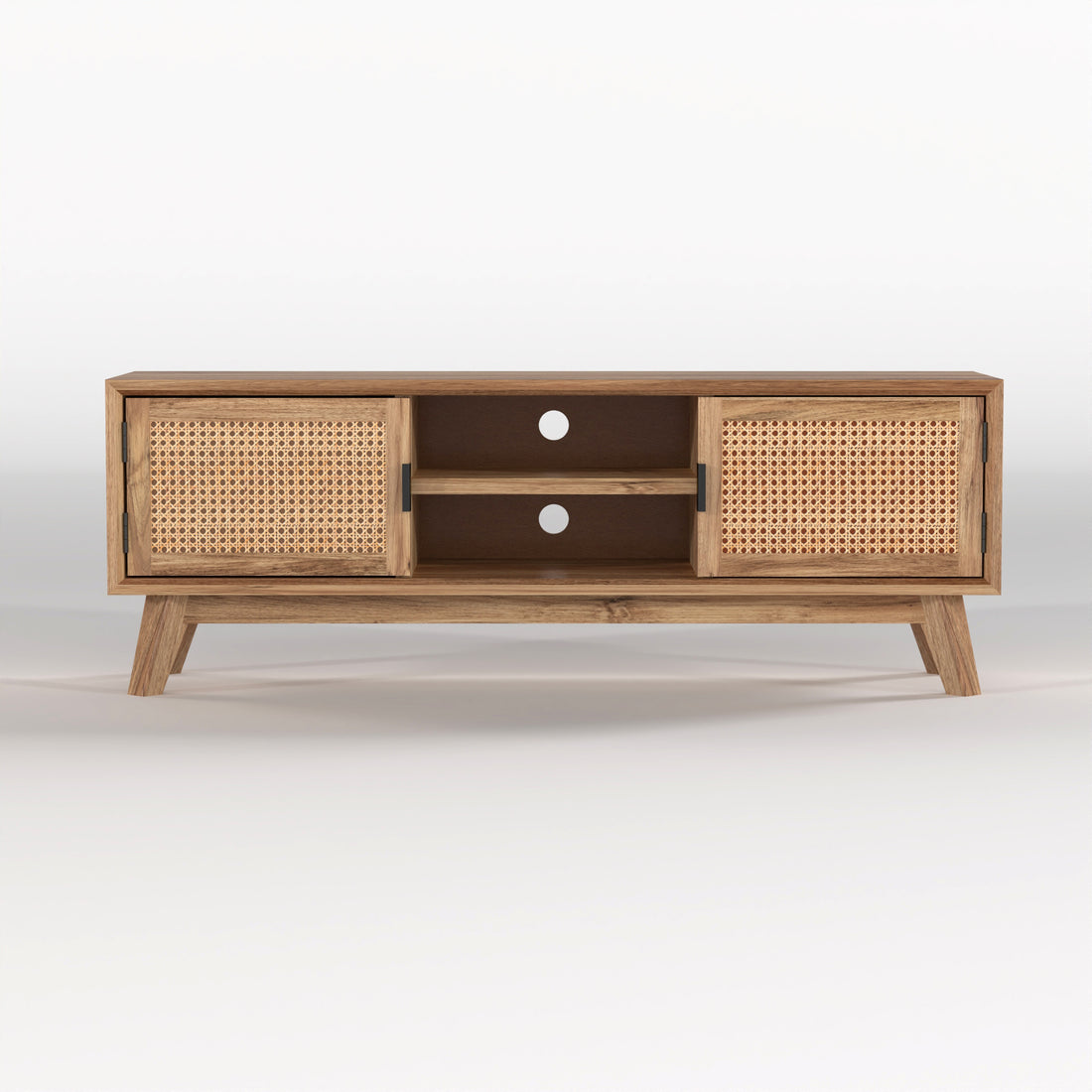 Natural Wood Cane Door TV Unit with Open Shelves & Storage