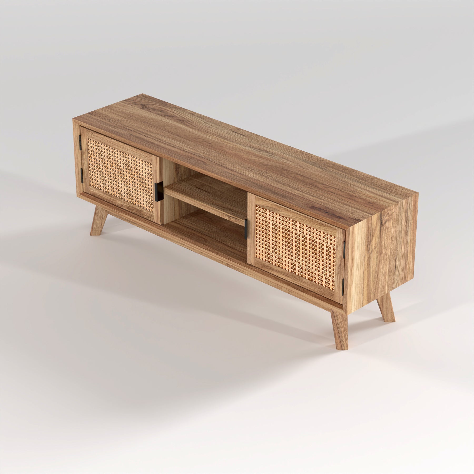 Natural Wood Cane Door TV Unit with Open Shelves & Storage