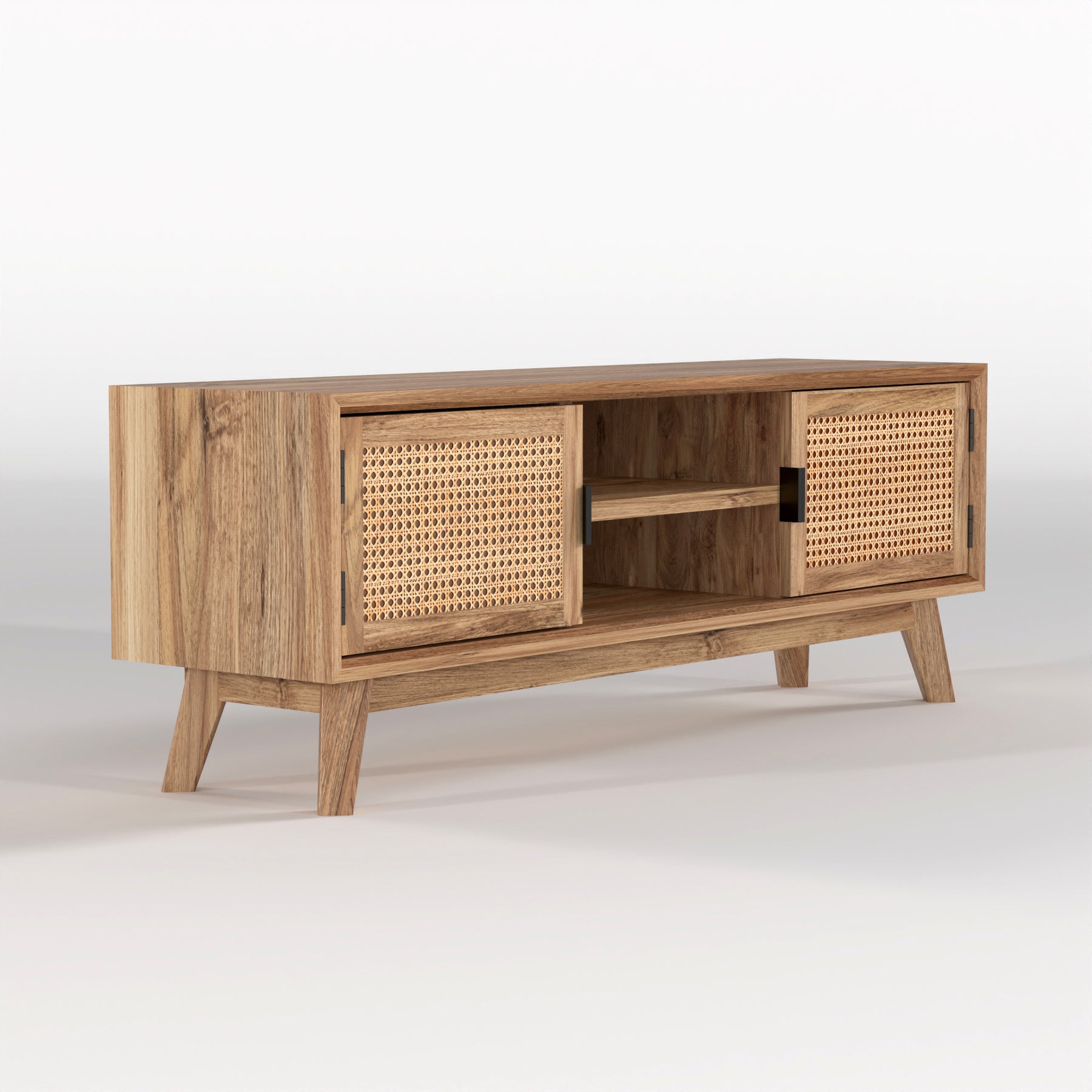 Natural Wood Cane Door TV Unit with Open Shelves & Storage