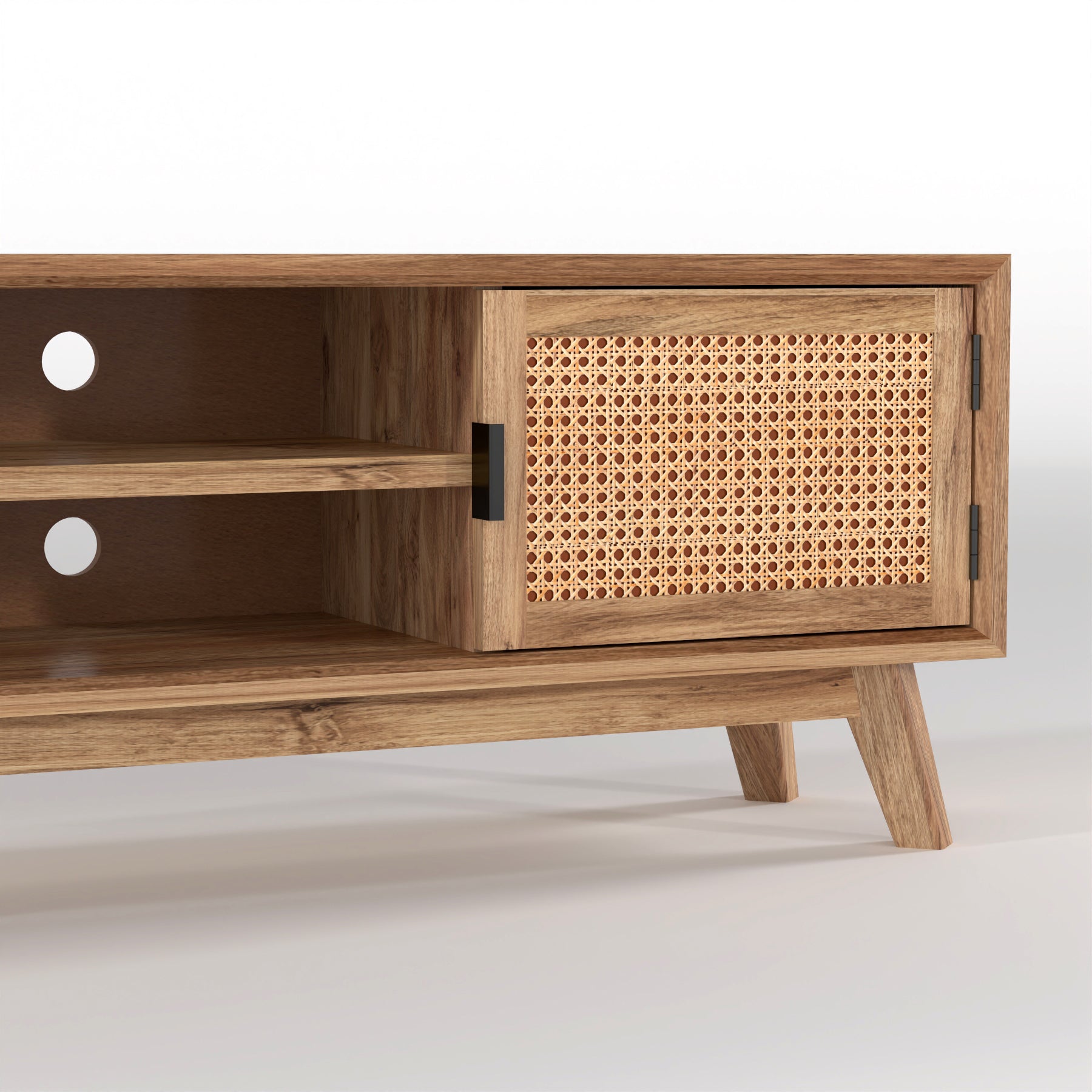 Natural Wood Cane Door TV Unit with Open Shelves & Storage