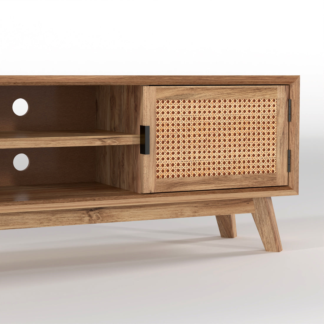 Natural Wood Cane Door TV Unit with Open Shelves & Storage