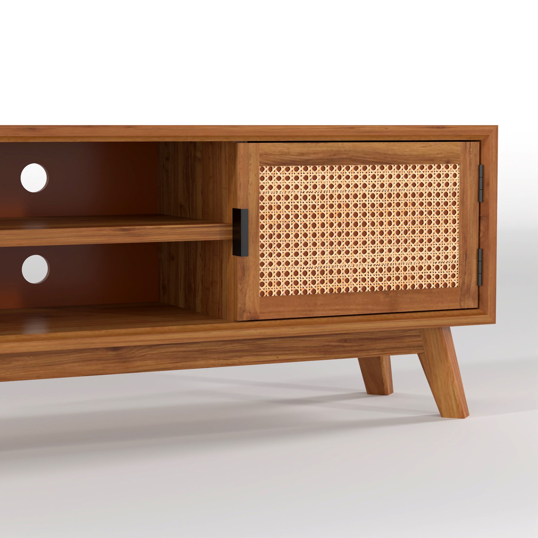 Mid-Century Cane Door Wooden TV Unit with Storage Cabinet | Decore