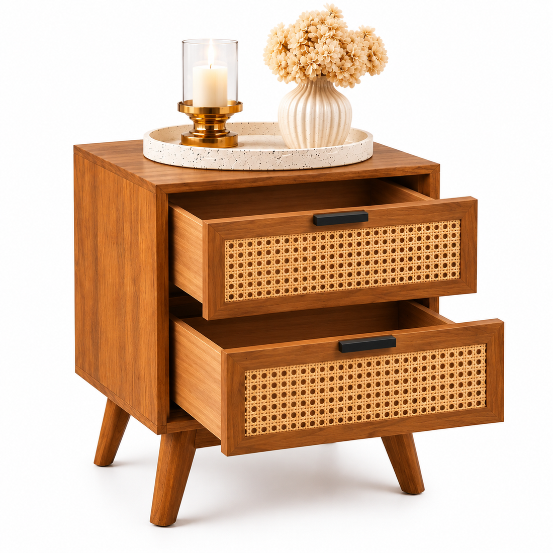 Modern Rattan Bedside Table with 2 Drawers | Honey Finish