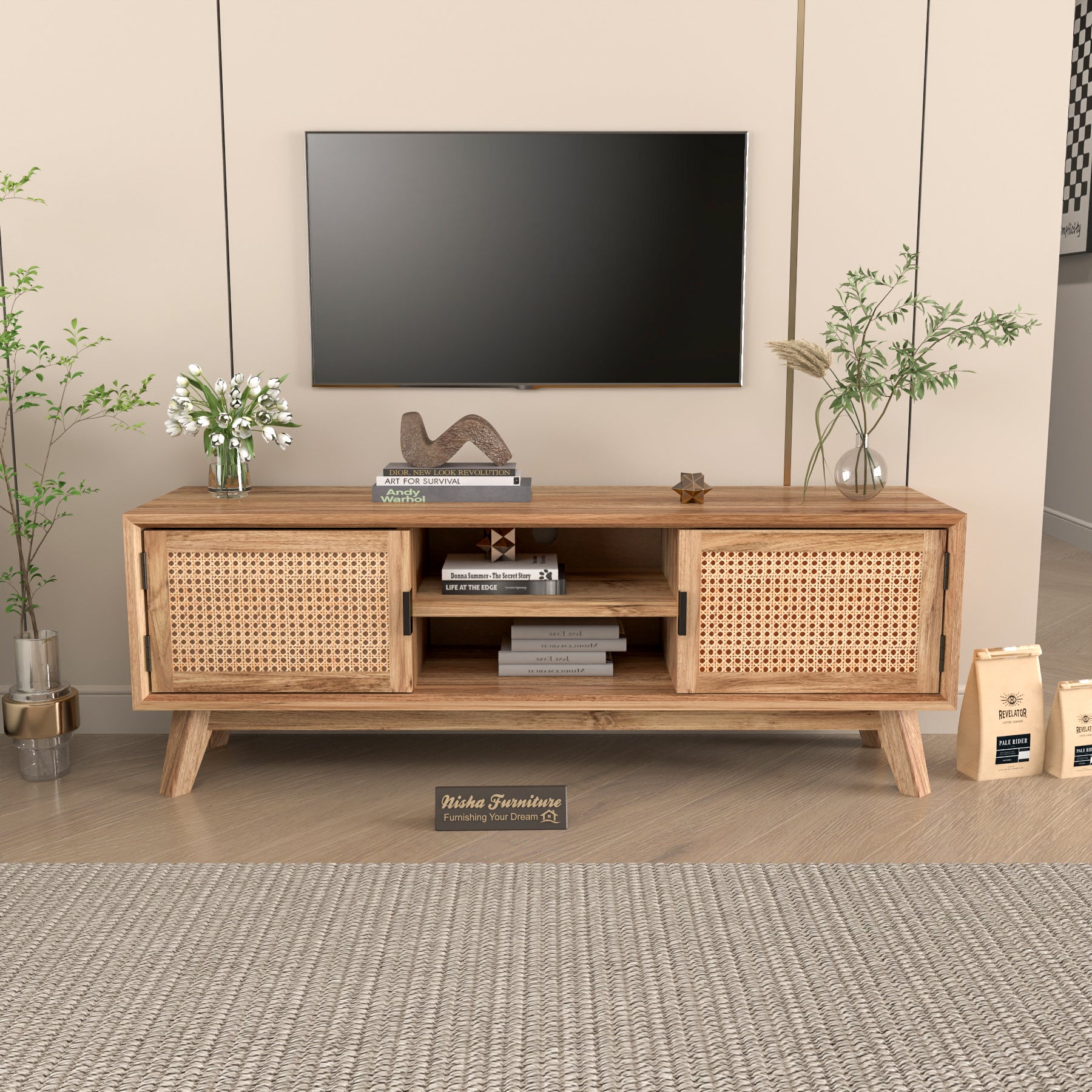 Natural Wood Cane Door TV Unit with Open Shelves & Storage