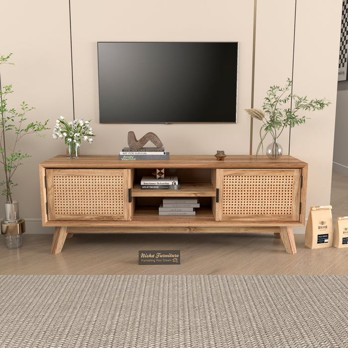Natural Wood Cane Door TV Unit with Open Shelves & Storage