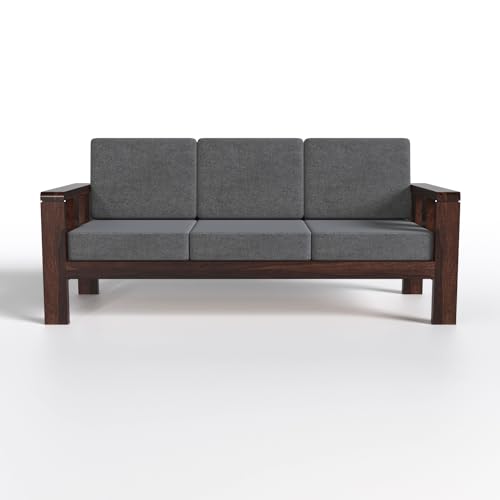 Solid Sheesham Wood Sofa Set | 3+1+1 Seater Wooden Sofa with Grey Cushions (Walnut Finish)