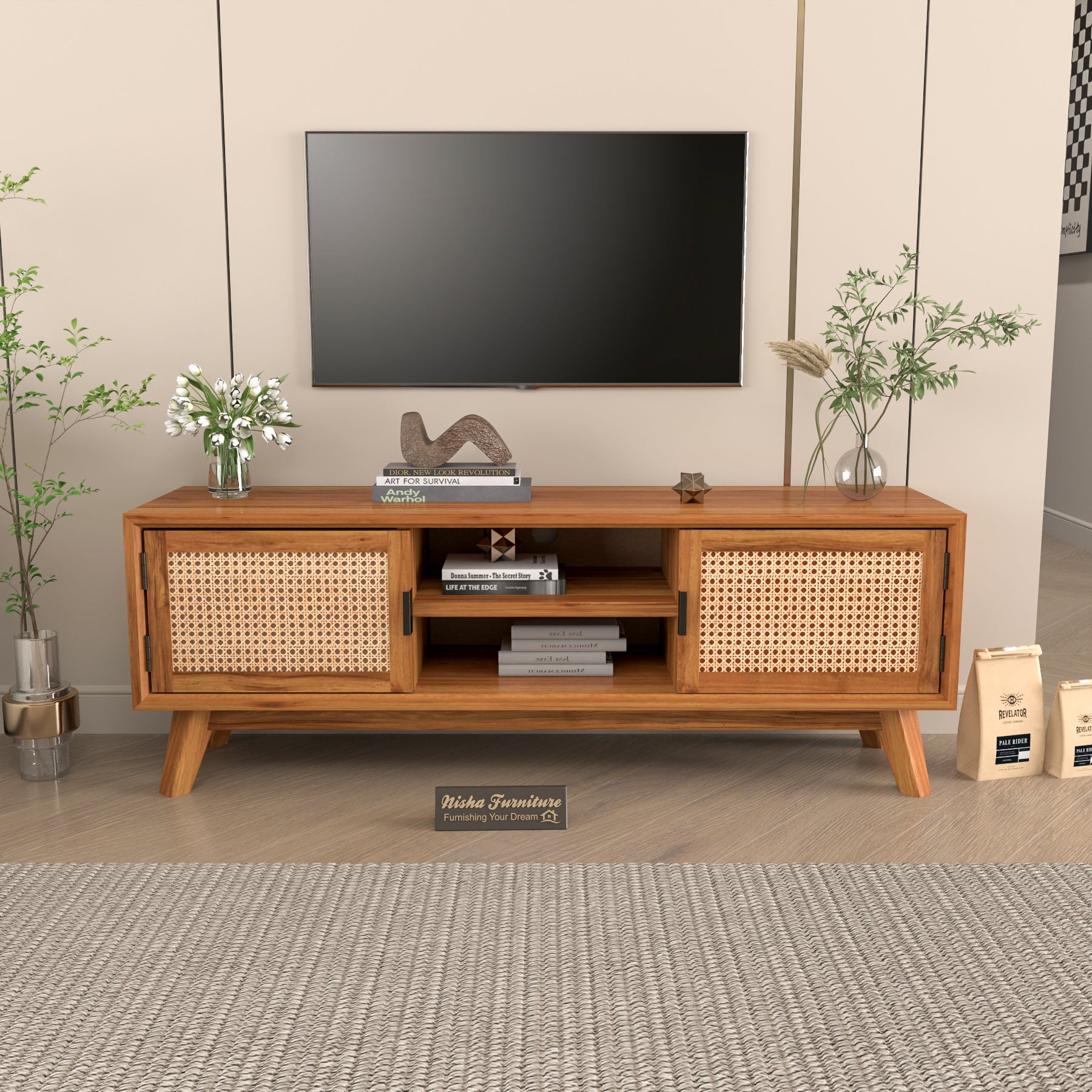 Mid-Century Cane Door Wooden TV Unit with Storage Cabinet | Decore