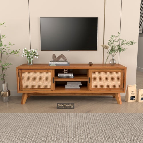 Mid-Century Cane Door Wooden TV Unit with Storage Cabinet | Decore