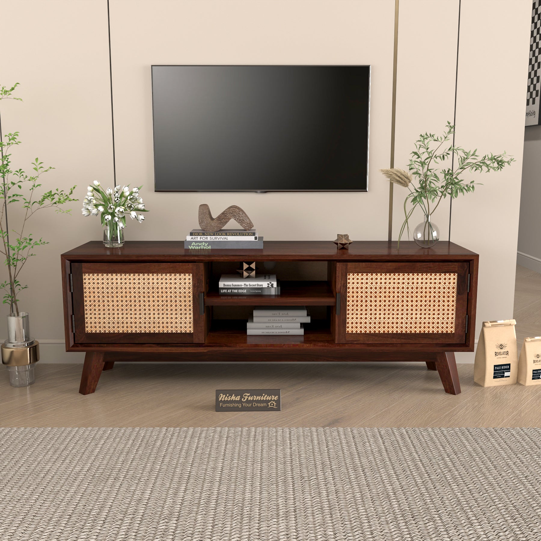 Dark Walnut Cane Door Wooden TV Unit with Storage