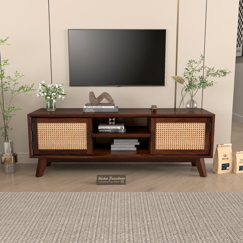 Dark Walnut Cane Door Wooden TV Unit with Storage
