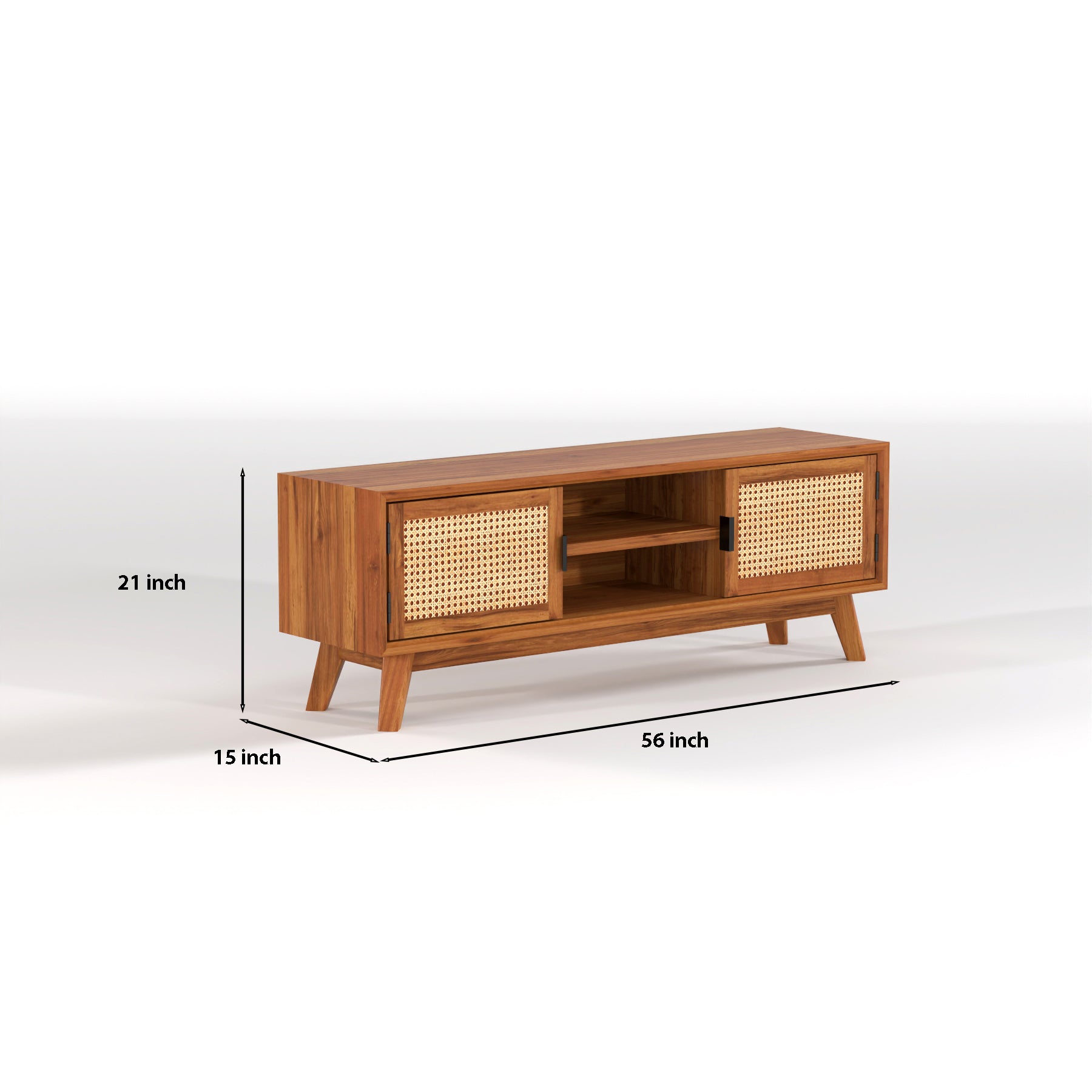 Mid-Century Cane Door Wooden TV Unit with Storage Cabinet | Decore