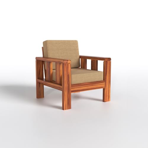 Modern 3+1+1 Wooden Sofa Set with Premium Beige Fabric | Honey Finish For Living Room