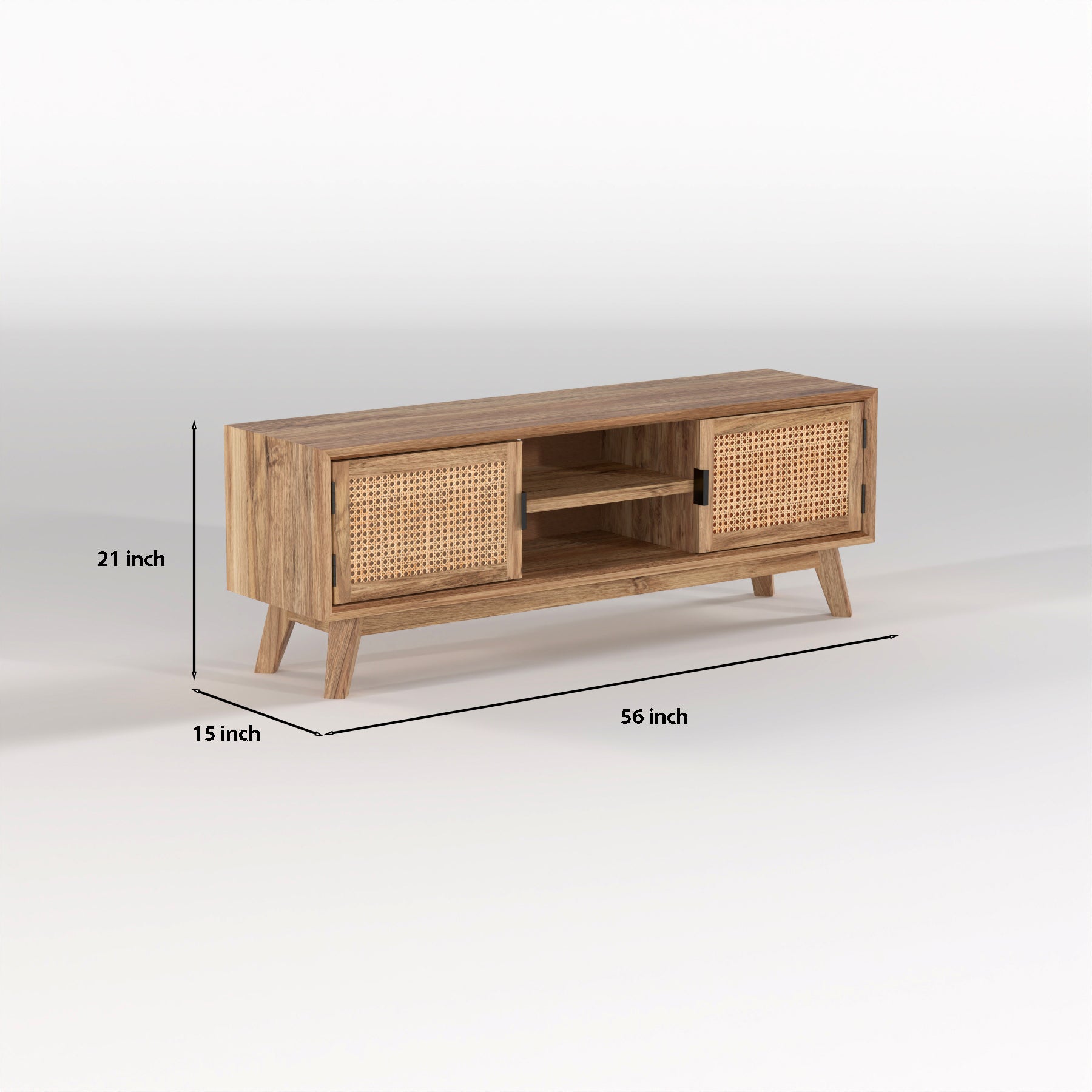Natural Wood Cane Door TV Unit with Open Shelves & Storage