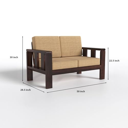 Modern 2 Seater Wooden Sofa with Premium Beige Fabric | Solid Wood Living Room Sofa